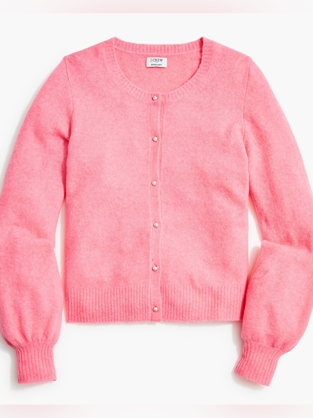 J. Crew Puff-Sleeve Cardigan Sweater in Extra-Soft Yarn | Bubblegum Pink | XL